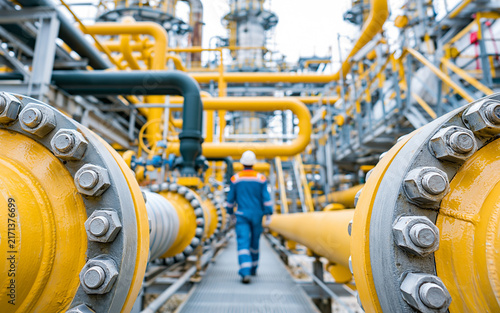 Industrial worker in blue overalls walking at refinery plant with yellow pipes