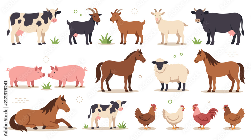 Obraz premium Farm animal set with cute cow goat pig horse and chicken.