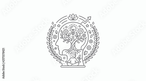A line art illustration of a human head with meditating figure inside laurel wreath gears lightbulb meditating