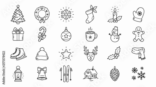 Set of black and white hand drawn winter and holiday icons on white background