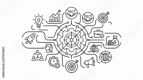 Business strategy infographic with central gear icon and various professional icons on white background