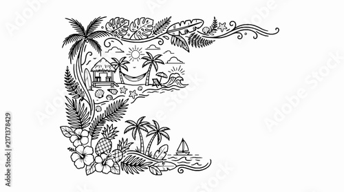 Tropical beach scene corner frame illustration featuring palm trees flowers and ocean waves in outline