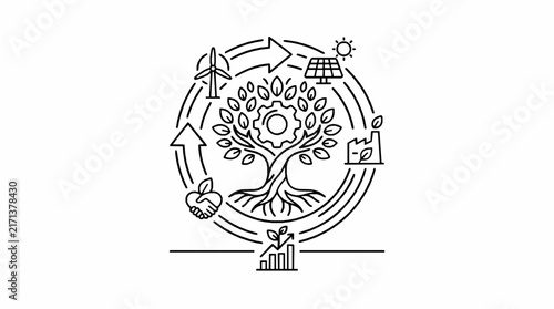 Sustainable energy cycle illustration with diagram showing renewable turbine solar panel circular line art