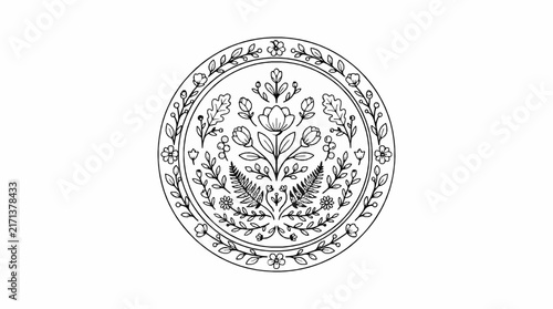 A circular line art illustration featuring a decorative arrangement of various stylized floral elements
