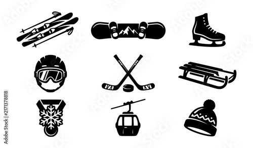 Fotografía Winter sports skis snowboards skates vector silhouettes emblem set outdoor logo