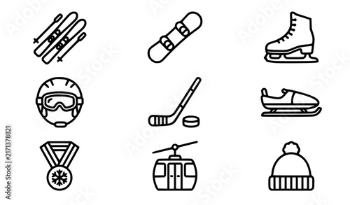 Winter sports skis snowboards skates vector icons set outdoor activity line art collection