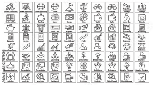 Business symbols grid features outlined pictorial elements for financial planning, management, and commerce.