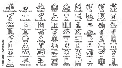 Line art icons featured in a structured grid representing financial transactions, corporate investment portfolios, and administrative workflows.