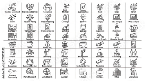 Symbols arranged systematically to depict corporate planning, financial management, analytical reporting, and strategic decision-making processes.