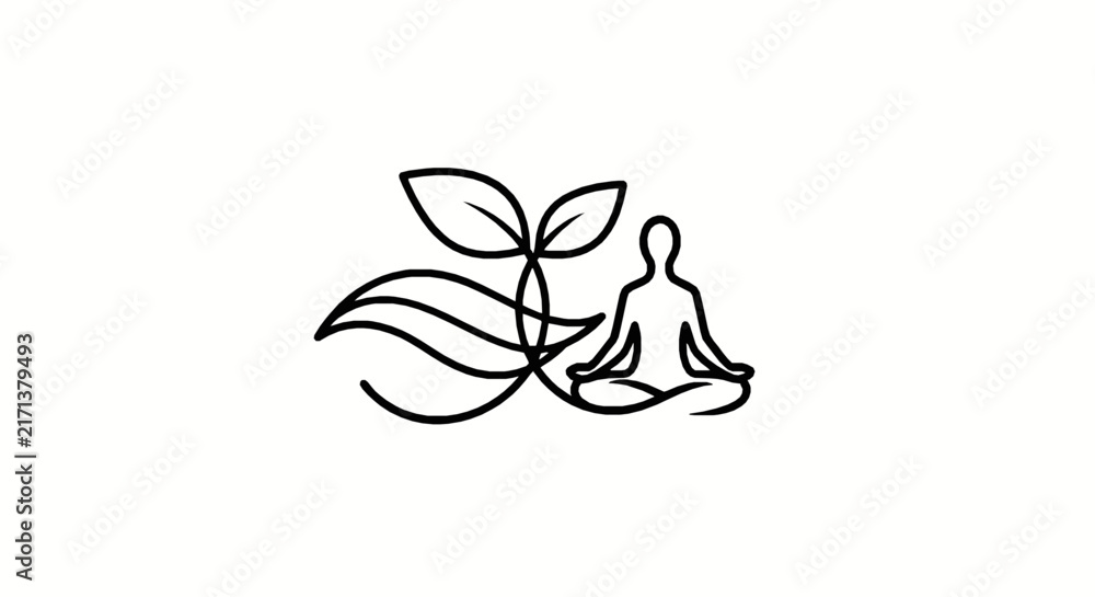 Fototapeta premium Abstract line art of a meditating figure with flowing leaves with Minimalist black outline drawing person sitting yoga pose stylized foliage