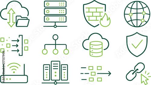 Network technology and cybersecurity icons set in green outline