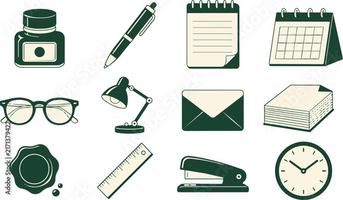 Office stationery icons set with flat vector school supplies