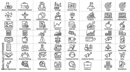 Business icons set featuring thin vector outlines representing consulting, management, strategy, analytics, finance, marketing, and professional services.