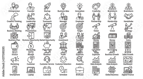 Corporate startup and management icons display essential enterprise themes in a clean line art style.