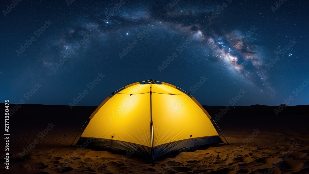 Obraz premium Yellow camping tent set up under a starry night sky with the Milky Way in a remote outdoor landscape
