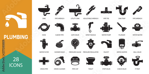 фотографія Plumbing Solid Icon Set – Pipes, Faucets, Valves, Shower, Sink and Water System