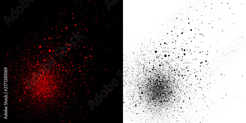 Red and black spray paint splatter particles with isolated dust grain texture for artistic graffiti digital art graphic design work.