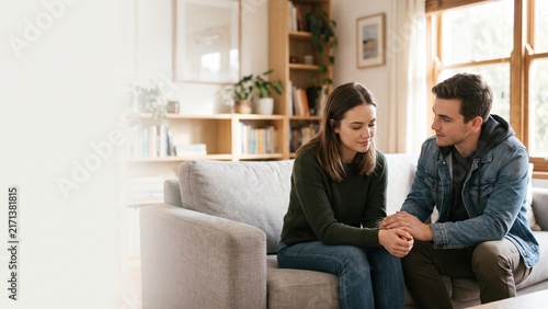 Caring Man Comforting Sad Girlfriend Holding Hands on Sofa Mental Health Support Concept. 