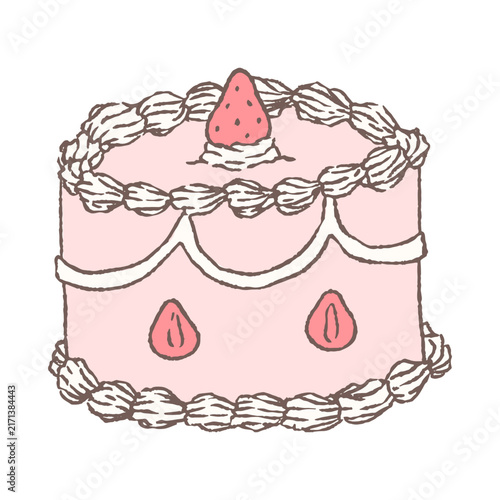 Illustration of a pink cake with cream and strawberry on top