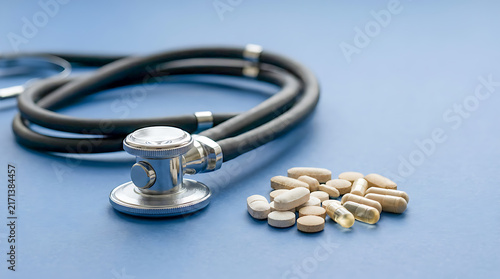 Stethoscope Surrounded by Pills Representing Medical Treatment and Healthcare