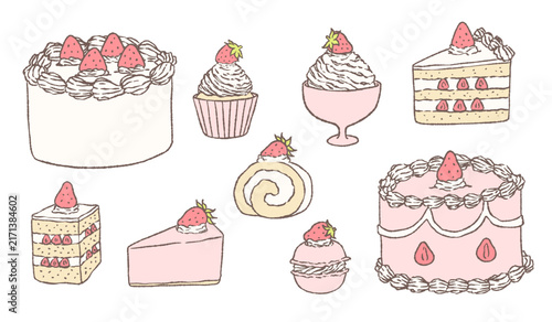 Hand drawn strawberry cake collection sweet dessert pastry menu