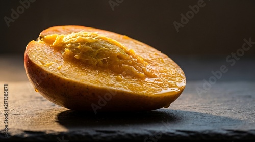 Fresh Sliced Mango Half with Seed on Dark Slate Surface in Warm Side Lighting
