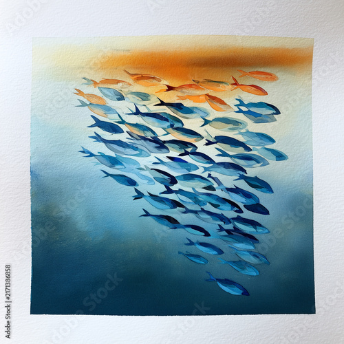 School of Fish swims to escape warm surface water. Marine heatwave concept. Watercolor painting.