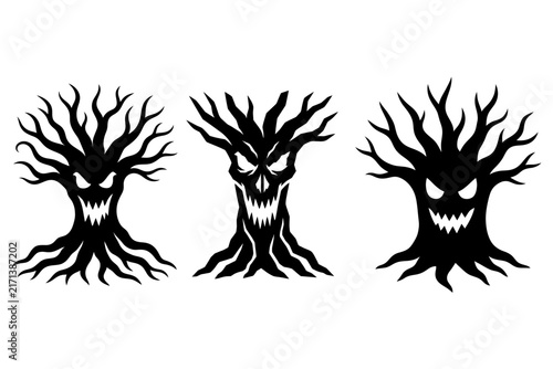 Haunted trees, Two eerie tree silhouettes with twisted branches forming faces, symbolizing haunted forests and Halloween horror