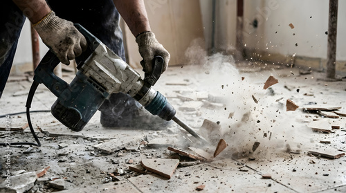 Construction worker operating a powerful pneumatic jackhammer to break up and demolish concrete floor tiles indoors.