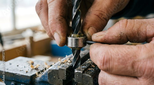 Mechanic carefully adjusts a drill bit secured in a metal vise at a workbench.