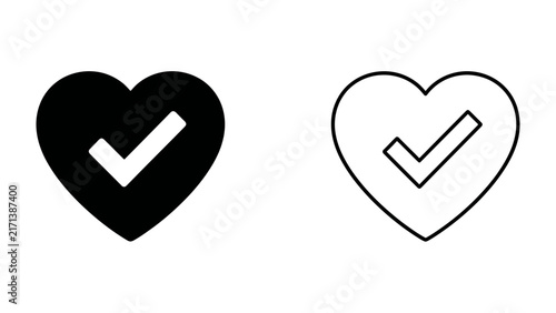 Heart with Checkmark Icons: A stylized heart symbol, presented in both solid black and outline variations, each featuring a prominent checkmark, signifying approval or completion.