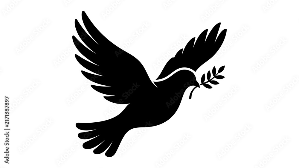 Fototapeta premium Symbol of Peace: A stylized silhouette of a dove in flight, carrying a sprig of leaves in its beak, symbolizing peace and hope.
