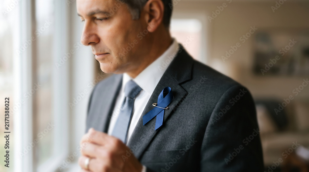 Fototapeta premium Man in suit wearing blue awareness ribbon pin by window