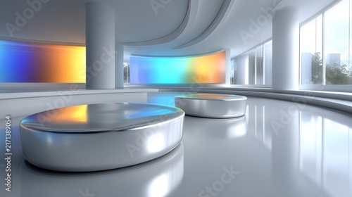 Modern minimalist exhibition hall with curved display screens