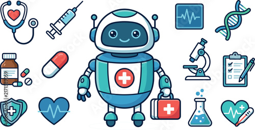 Medical Healthcare Robot Illustration Collection Featuring AI Doctor Robot Stethoscope Syringe Microscope Medicine DNA And Emergency Medical Equipment Vector Set