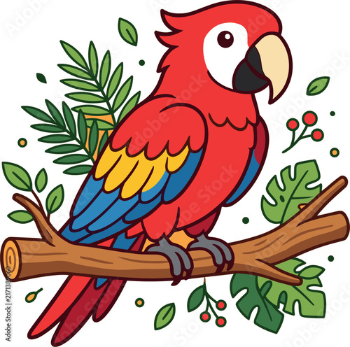 Colorful Parrot Illustration Featuring Tropical Red Macaw Perched On A Branch With Lush Green Foliage And Exotic Botanical Elements Vector Artwork