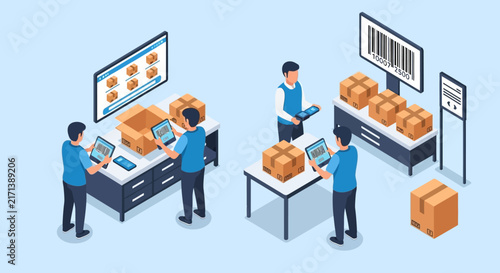 Warehouse workers processing packages with scanners and computers.
