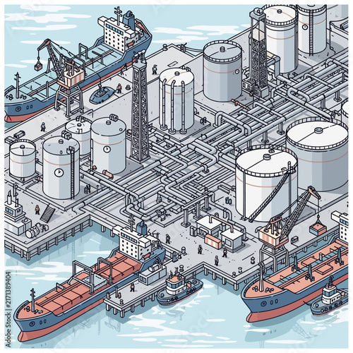 Isometric illustration of a bustling oil refinery and port with ships.