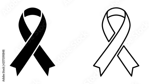 Mourning Symbol: A stark black awareness ribbon juxtaposed with its outline symbolizes remembrance, support, and solidarity for a cause or in times of loss.