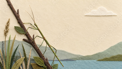 Handmade felt illustration of a green walking stick insect climbing a branch above layered hills and water in a peaceful minimalist nature scene.