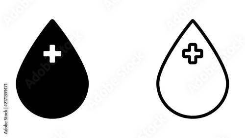 Blood Drop Icon: A stark black and white icon depicting a blood drop, one filled and one outlined, each containing a white cross, symbolizing medical care or donation.