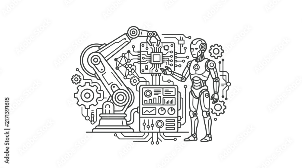 Fototapeta premium Industrial robot assembling circuit board in a high tech manufacturing environment.