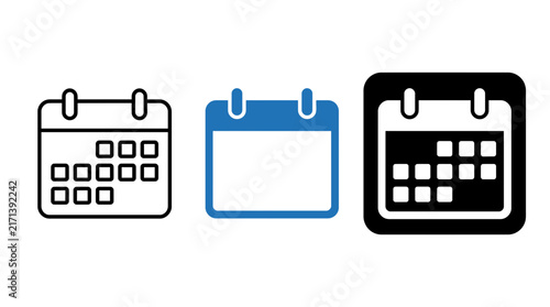 Set of three calendar icons in flat outline and solid styles for schedule planning, black and blue colors isolated on white background, professional UI UX design elements for web and mobile apps.