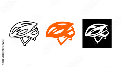 Bicycle Helmet Vector Icon Set, Professional Cycling Safety Gear Illustrations in Minimalist Line Art and Solid Orange Styles, Isolated on White Background for Sports Branding and App UI Design.