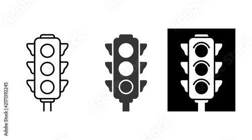 Traffic Light Icon Set Vector, Minimalist Stoplight Symbols in Line Art and Solid Glyph Styles, Road Traffic Signal Graphic Isolated on White for Web UI and Navigation Design Assets