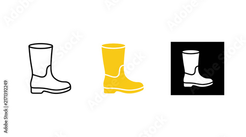 Yellow Rain Boots Vector Icon Set featuring Linear Outline and Flat Solid Silhouette Styles, Rubber Wellington Gumboots isolated on white for Gardening and Weather Graphics.