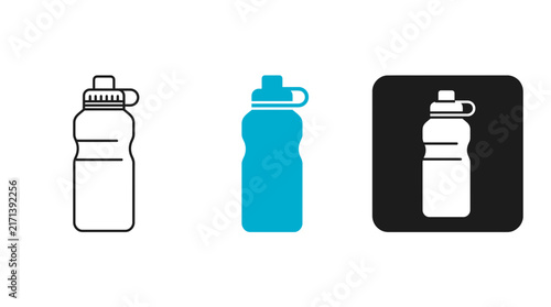 Sports water bottle icon set with line art, solid cyan silhouette and white inverse styles, minimalist reusable drink bottle vector illustration isolated on white background for fitness apps.