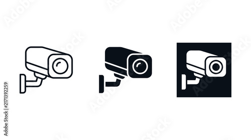 CCTV Security Camera Vector Icon Set, Black and White Surveillance Monitoring System Symbols in Outline Solid and Inverted Styles, Minimalist Digital Safety Equipment Isolated on White Background