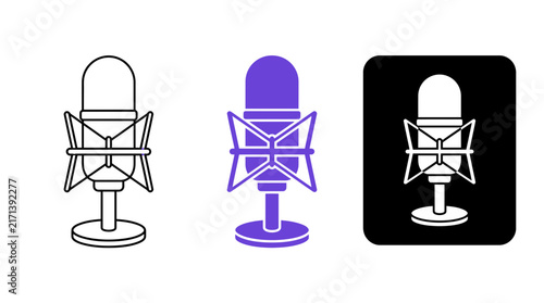 Professional Condenser Microphone Icon Set for Podcast and Studio Recording, Vector Illustration of Mic with Shock Mount in Outline, Solid Purple, and Negative Styles Isolated on White