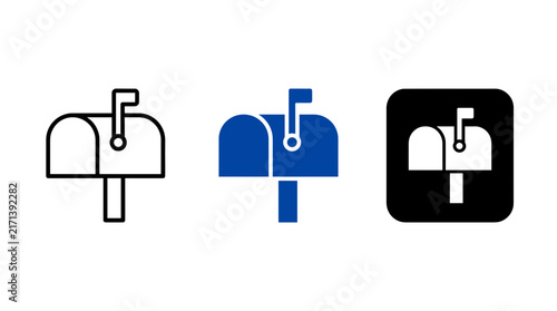 Mailbox Icon Set Vector Illustration, Three Variations of Post Box Symbols in Outline, Solid Blue, and App Button Styles, Isolated on White Background for Mail and Delivery Service Design.